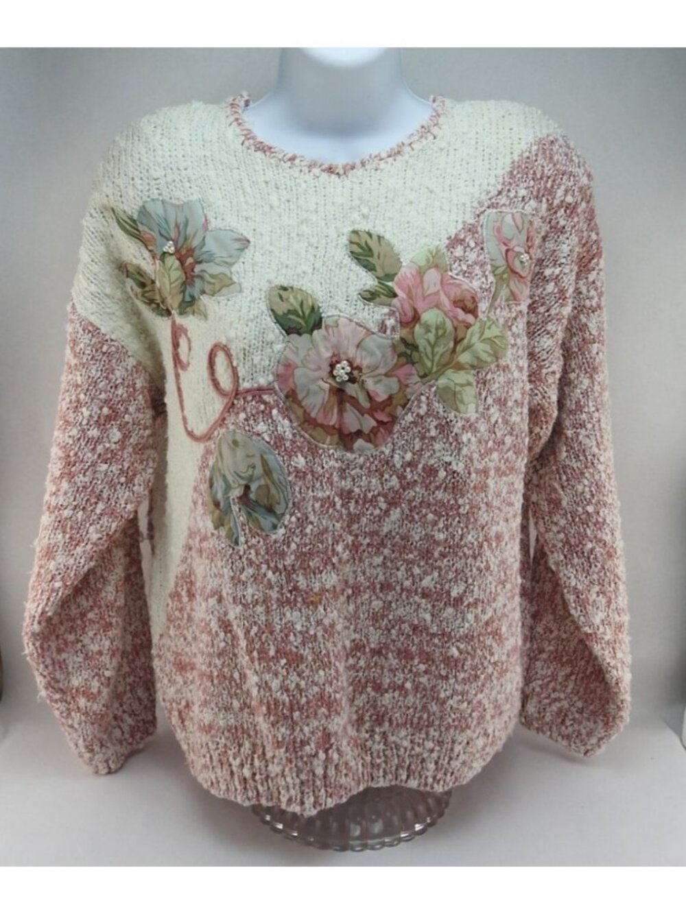 Vintage Pembrooke Pink White Sweater Floral Applique Cottagecore Korea Sz L - Picture 11 of 11